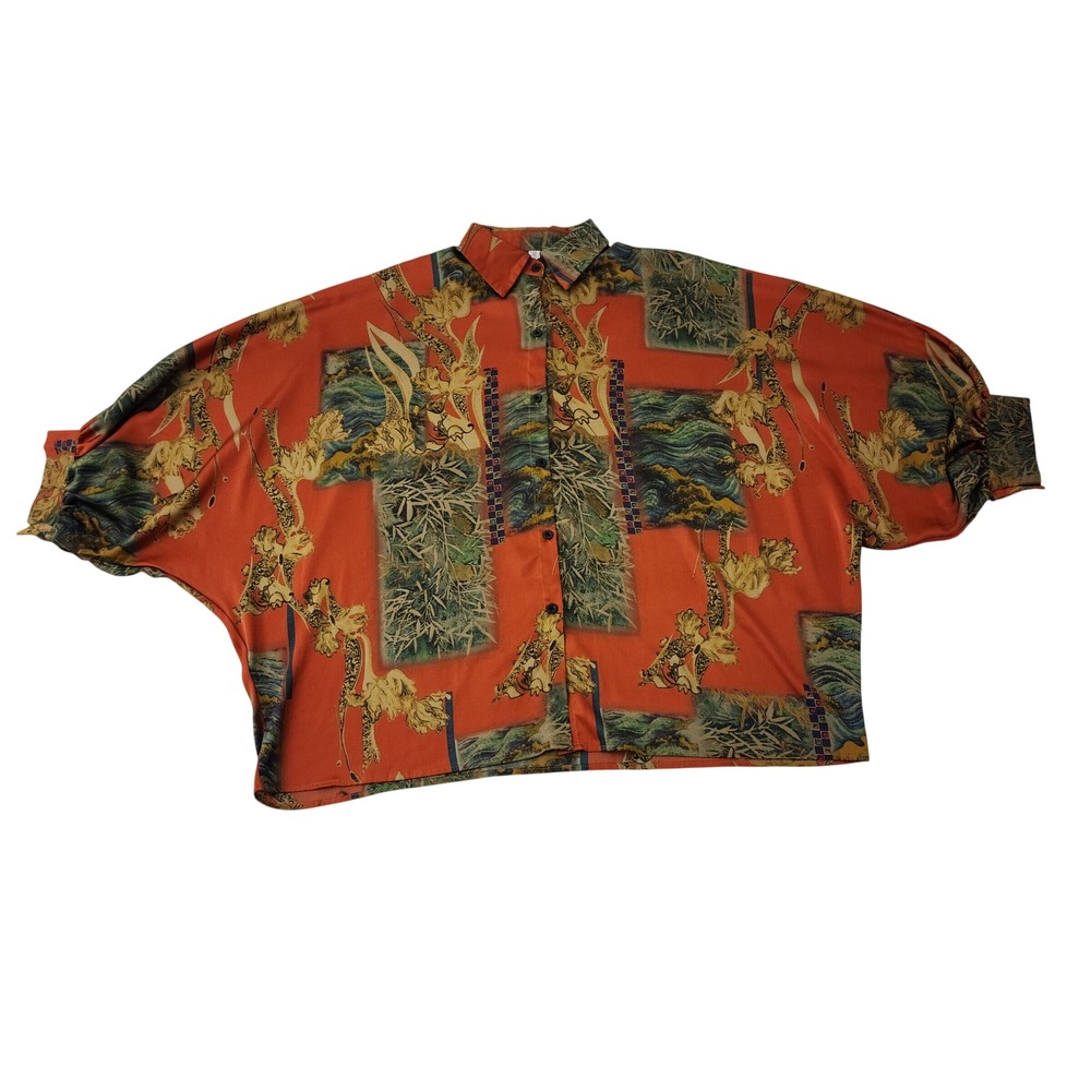 Vintage Style Orange Asian Dragon Bamboo Print Batwing Button Up Blouse Top